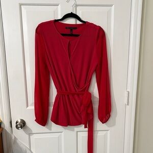 Chic Red Long Sleeve Wrap Blouse